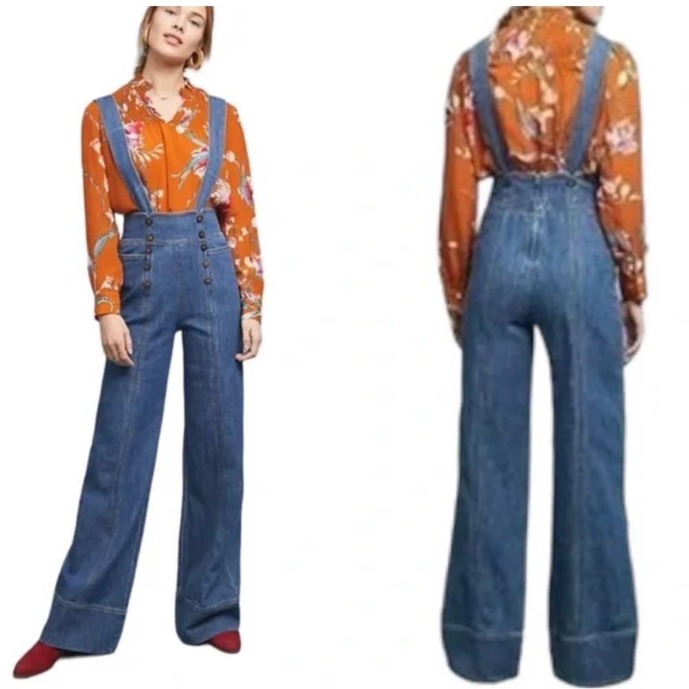 Pilcro and the Letterpress by Anthropologie Denim Wide Leg Retro Jeans w/ straps - Picture 2 of 10
